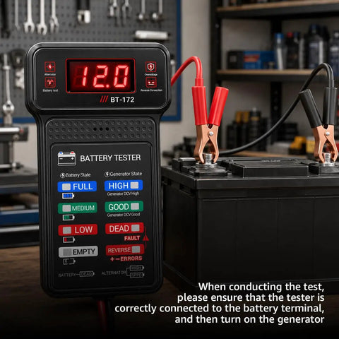 Heavy Duty 12V Automotive Battery Tester Featuring Slick Digital Readouts And Straight Shooter Diagnostics for monitoring voltage.