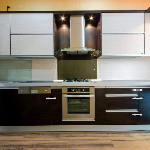 Modern kitchen with No Drill Kid Proofing Locks For Cabinets And Drawers 6 Pack Adjustable Baby Proofing Straps on cabinets