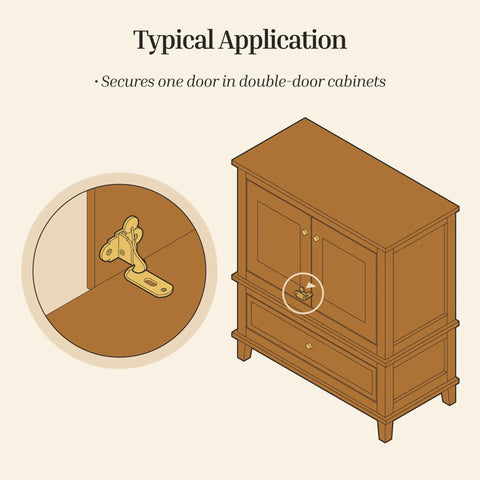 Top Shelf Nickel Plated Spring Action Elbow Door Catch And Latch For Antique Vintage Cabinet Hardware securing a double-door cabinet.