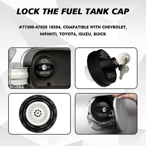 Locking Gas Cap With Key For Your Fuel Tank, displayed with keys, fits multiple models including Toyota, Chevy, and Nissan.