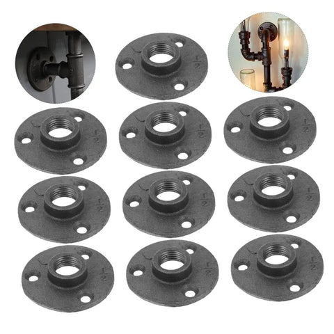 Decorative Floor Flange Set Of 10 Malleable Iron Fittings For DIY Projects And Vintage Home Decor Easy Install Compatible With Cast Iron Construction Durable shown with lighting application examples.