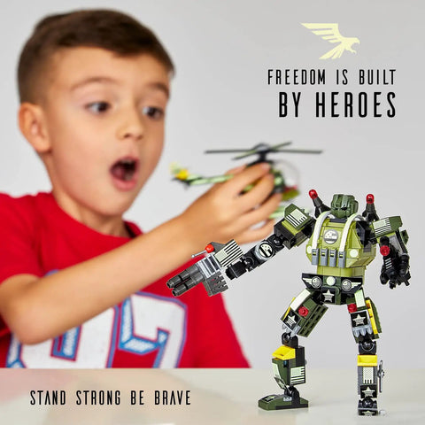 Robot Army Buildable Mech Soldier Toy Set With Glow In The Dark Parts, helicopter and child playing with green brick robot