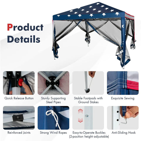 Easy Up 10x10 Pop Up Canopy With Netting And Mesh Sidewalls, Carrying Bag, Adjustable Height, American Flag Outdoor Shade Tent For Backyard And Lawn, 100 Sq Ft Of Shade, shown with detailed features such as reinforced joints, strong wind ropes, and anti-sliding hook.