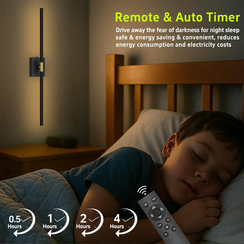 Cordless Battery Wall Sconces Set Of 2 Packed With 10000 Mah Power and Zero Wiring Hassle For Quick Setup and Sleek Matte Black Finish To Level Up Your Home Lighting Vibes beside a sleeping child with remote control.