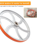 Premium Urethane Bandsaw Tires 14 Inch By 1 Inch By 0.095 Inch Two Pack With Quick Install shown on metal wheel.