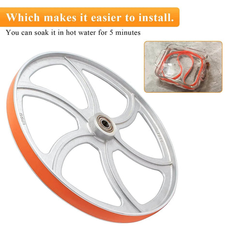 Premium Urethane Bandsaw Tires 14 Inch By 1 Inch By 0.095 Inch Two Pack With Quick Install shown on metal wheel.