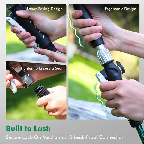 Person demonstrating Heavy Duty Full Metal 24 Inch Watering Wand With Gentle Soft Shower Sprayer's ergonomic handle and lockable trigger.