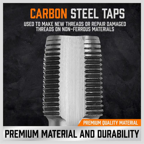 Close-up of carbon steel tap from 5-Piece NPT Pipe Tap Set With Heavy-Duty Storage Case Pro-Grade Carbon Steel Threading Tools 1/8 To 3/4 Inch Tapered Taps For Fast, Clean And Reliable Plumbing Repairs