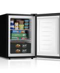 Hella Compact 2 1 Cubic Foot Upright Freezer With Easy Turn Temperature Controls and Slide Away Wire Shelves displaying frozen foods.