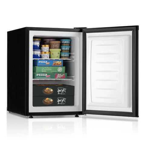 Hella Compact 2 1 Cubic Foot Upright Freezer With Easy Turn Temperature Controls and Slide Away Wire Shelves displaying frozen foods.