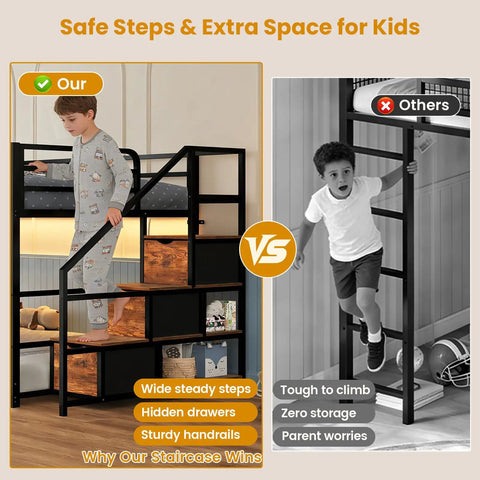 Rock Solid Low Twin Over Twin Bunk Bed With Game Changing Built In Storage Stairs featuring a child using wide steady steps for safety.