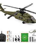 UH60L Black Hawk RC Helicopter With Brushless Main Motor 4CH Remote Control 6 Axis Gyro shown with accessories including batteries