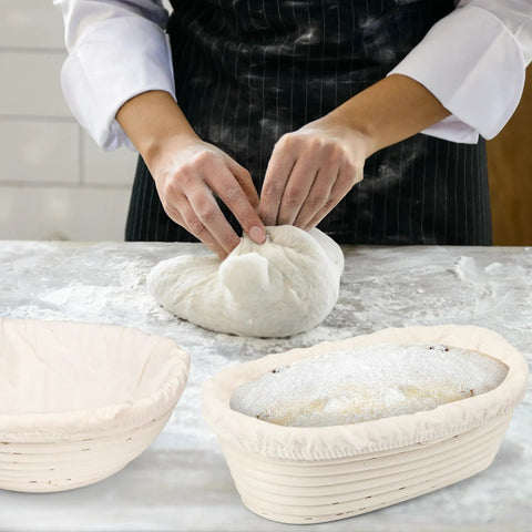 Pro-Grade Sourdough Starter Kit with baker kneading dough and two proofing baskets for easy fermentation and perfect loaves