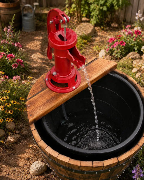Old School Cast Iron Hand Water Pump For Wells And Gardens Antique Pitcher Pump in garden setting with wooden barrel base