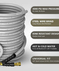 NAVOHEVEN pressure washer hose, 50 ft, 4000 PSI, steel braided, gray; coiled with 3/8" quick-connect & M22 fittings