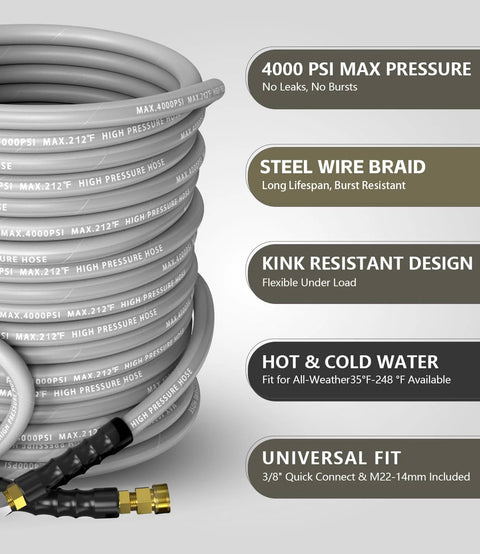 NAVOHEVEN pressure washer hose, 50 ft, 4000 PSI, steel braided, gray; coiled with 3/8" quick-connect & M22 fittings