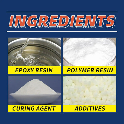 Image showing ingredients: epoxy resin, polymer resin, curing agent, and additives for Industrial Strength Metal Repair Epoxy Glue For Quick Bonds In Pipes Machinery And Foundry Castings High Temperature Resistant Fast Curing Two Part Adhesive For Hardcore Repairs.