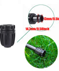 Half Inch End Plugs For Drip Irrigation Tubing Barbed Connectors For Half Inch ID And 16mm Tubing 10 Pack Easy Install Compatible With Raindrip 052010P Drip Tubing Durable Plastic Fittings, showing a close-up of the black plastic plug and measurements.
