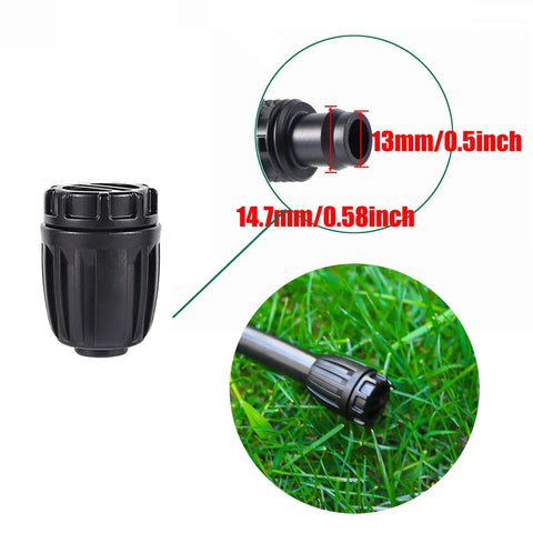 Half Inch End Plugs For Drip Irrigation Tubing Barbed Connectors For Half Inch ID And 16mm Tubing 10 Pack Easy Install Compatible With Raindrip 052010P Drip Tubing Durable Plastic Fittings, showing a close-up of the black plastic plug and measurements.