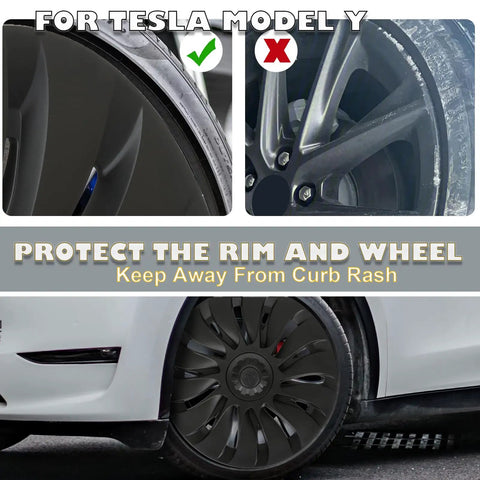 Tesla Model Y Wheel Covers 19 Inch 4 Piece Set Sleek Rim Guards on vehicle preventing curb rash with design details.
