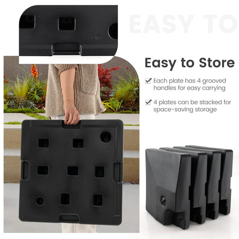 Person holding Fillable Offset Patio Umbrella Base Set For Cantilever Umbrellas with 4 stackable plates and grooved handles.