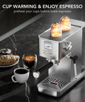 Premium Compact Espresso Maker With 20 Bar Italian Pump And Hella Smooth Milk Frother With Visual Pressure Gauge on kitchen counter with cups.