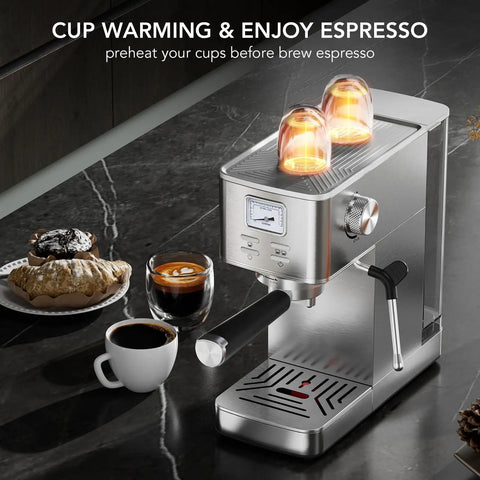 Premium Compact Espresso Maker With 20 Bar Italian Pump And Hella Smooth Milk Frother With Visual Pressure Gauge on kitchen counter with cups.