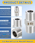 Five Pack Beefy 304 Stainless Steel Pipe Fittings Three Eighths Inch Male NPT To Three Eighths Inch Male NPT Hex Nipple Adapters