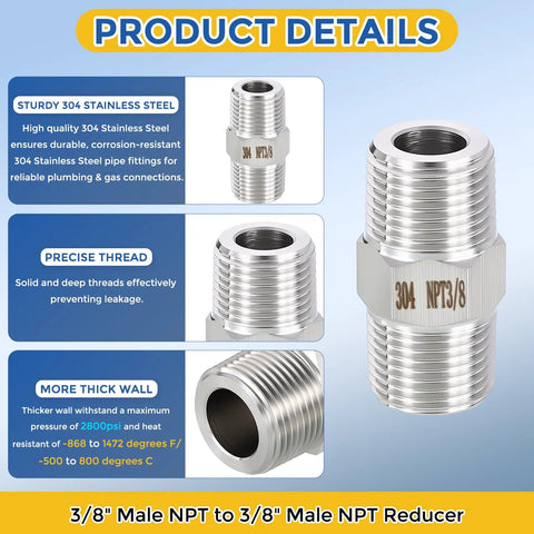 Five Pack Beefy 304 Stainless Steel Pipe Fittings Three Eighths Inch Male NPT To Three Eighths Inch Male NPT Hex Nipple Adapters