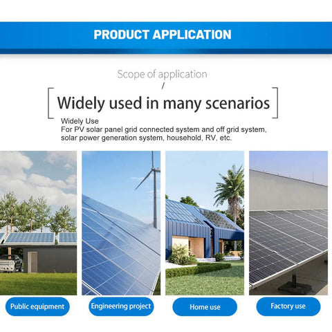 Illustration of PV solar panel grid connected setups for home, RV, and factory use.