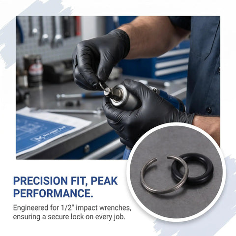 Solid Impact Wrench Retaining Rings With O-Rings 1/2 Inch 10 Sets, showing installation on a pneumatic wrench.