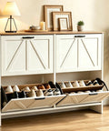 Sleek Barn Door Shoe Cabinet With Four Flip Drawers And Three Adjustable Shelves Ultra Slim Freestanding Modern Rustic White Finish storing shoes.