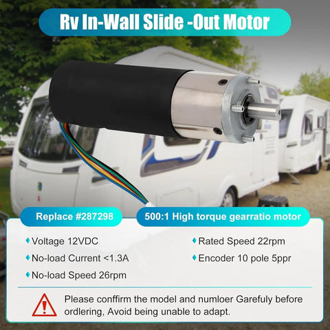 Two Pack 287298 RV In Wall Slide Out Motor with high torque 500:1 gear ratio, compatible with Lippert Schwintek system, shown outdoors