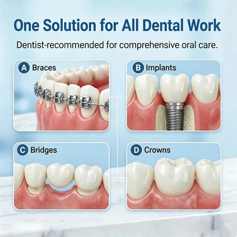 Diagram showing braces, implants, bridges, and crowns for 3 In 1 Floss For Braces And Bridges With 120 Pre Cut Strands use.