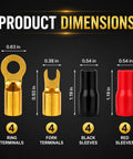 Product dimensions for Heavy Duty 4 Gauge Speaker Wire Crimp Terminals With Fork And Round Ends Plus No Hassle Heat Shrink Sleeves.