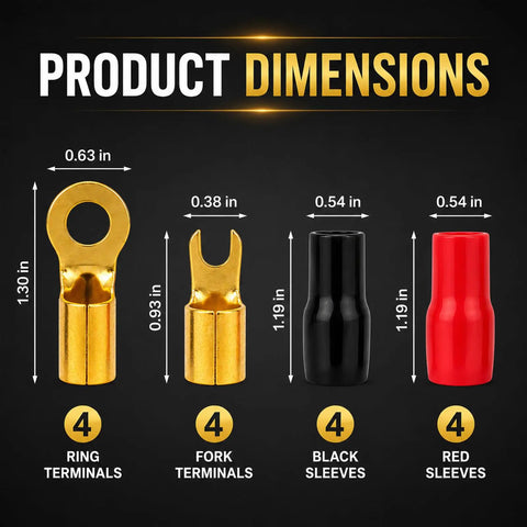 Product dimensions for Heavy Duty 4 Gauge Speaker Wire Crimp Terminals With Fork And Round Ends Plus No Hassle Heat Shrink Sleeves.