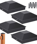 4x4 Fence Post Caps Black Aluminum Cover Kit For 3.5x3.5 Posts, 4 Pack With 8 Screws, shown installed on a wooden post