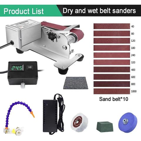 Heavy Duty 350W Wet Bench Sander With Digital Speed Control And Electric Knife Sharpener including 10 sand belts and accessories.