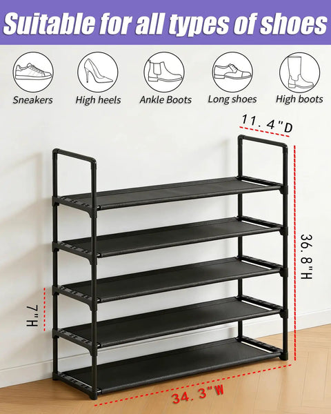 Ultra Roomy Five Tier Shoe Rack Organizer For 20 To 25 Pairs Of Kicks With 34.3 Inch Wide Adjustable Shelves Built Tough Sturdy Non Woven Storage Unit For Closet Hallway Entryway Garage Black showing size dimensions with sneakers, high heels, ankle boots, long shoes, high boots icons