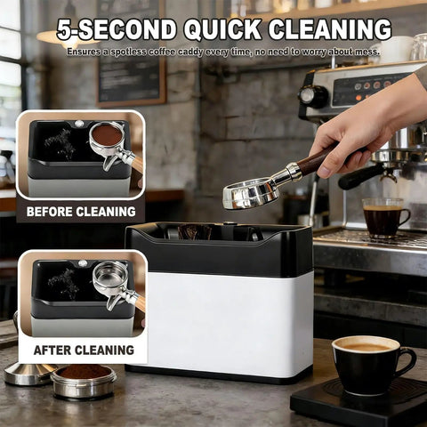Hassle Free Portafilter Scrubber With Dual Spin Brushes And Auto Knock Box Smooth Espresso Machine Cleaner For Home And Cafe Bars shows before and after cleaning process.