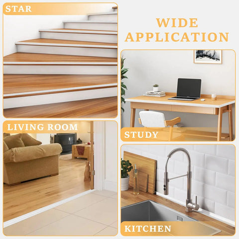 Easy Peasy Peel And Stick Wall Corner Guard in home settings like living room, study, and kitchen with stairs.