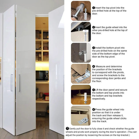 Installation steps for Two Pack Bifold Door Hardware Kit For Closets And Folding Doors Includes Top And Bottom Pivots 7/8 Inch Guide Wheels 3/8 Inch Pivots Top And Bottom Brackets And All Mounting Screws For An Easy No Hassle Pocket Door Replacement.