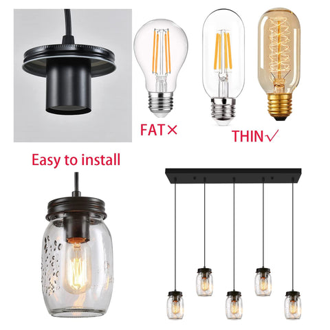 Five Light Mason Jar Chandelier With Rustic Glass Shades For Kitchen Island And Dining Room Linear Cluster Pendant Light Fixture showing bulbs and installation details.