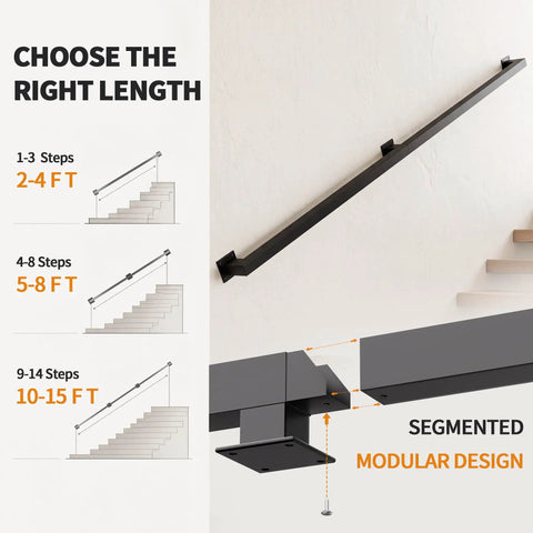Hella Sturdy Indoor Stair Handrail 9 FT Modern Wrought Iron Railing With Dope Matte Black Powder Coated Finish Reinforced Square Design For Farmhouse Decor with installation guide
