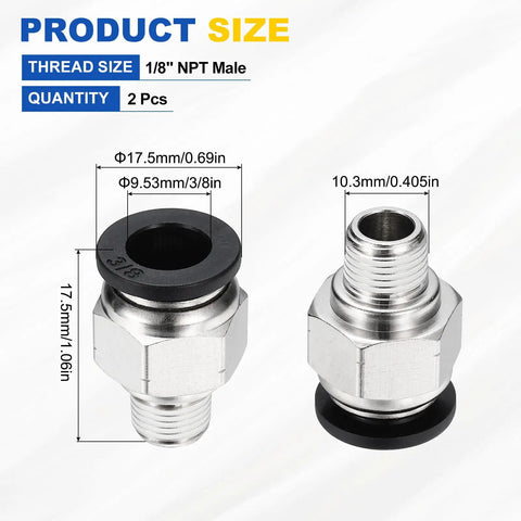 2 Pack Push To Connect Pneumatic Fittings 3/8in Tube To 1/8NPT Male Brass Nickel Plated Straight Quick Connect Adapters