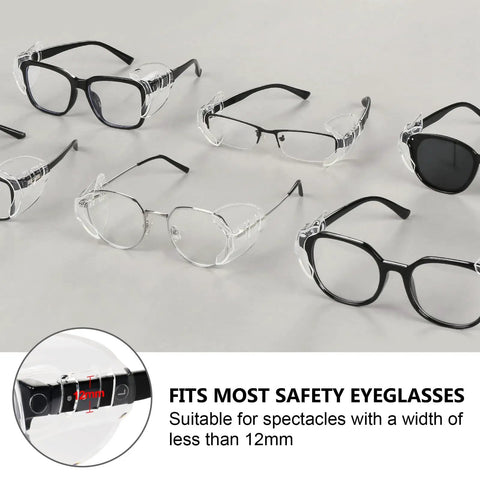 Soft TPU Glasses Side Shields on various eyewear for wind and debris protection, fits small to medium frames, 10 pairs shown