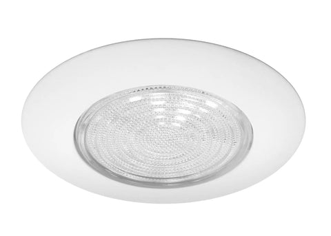 Six Inch White Recessed Shower Ceiling Trim With Glass Fresnel Lens Fits Standard 6 Inch Can Housing, top view with lens.
