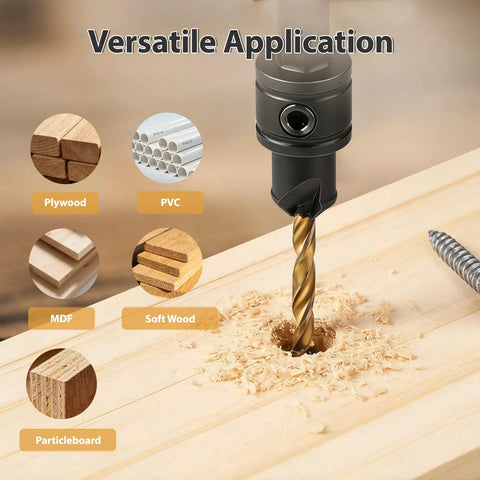 Premium Dope Wood Countersink Drill Bit Set With Titanium Coated HSS drilling into wood, highlighting versatile material use