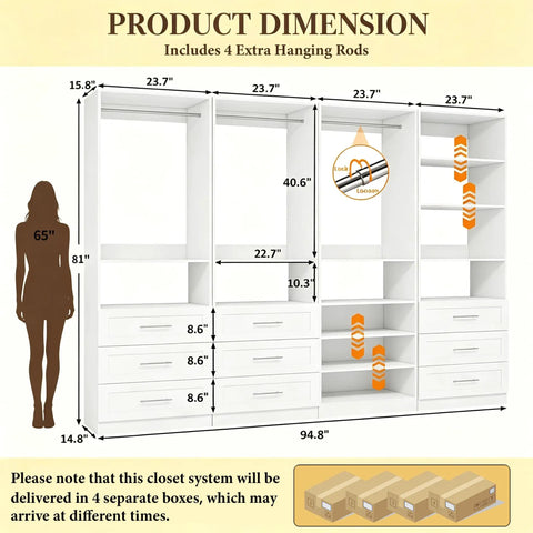 The Real Deal Walk In Closet Organizer System Featuring Four Modular Units with dimensions and features including hanging rods.