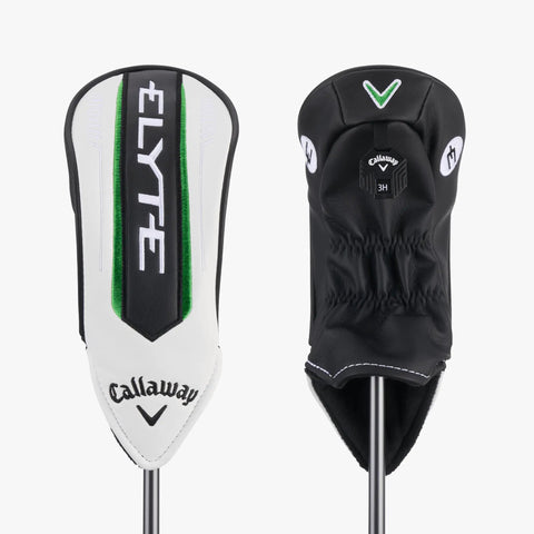 Elyte X Hybrid With Adjustable Heel Toe Weights For Custom Shot Shape, club headcovers in white and black, Callaway branding visible